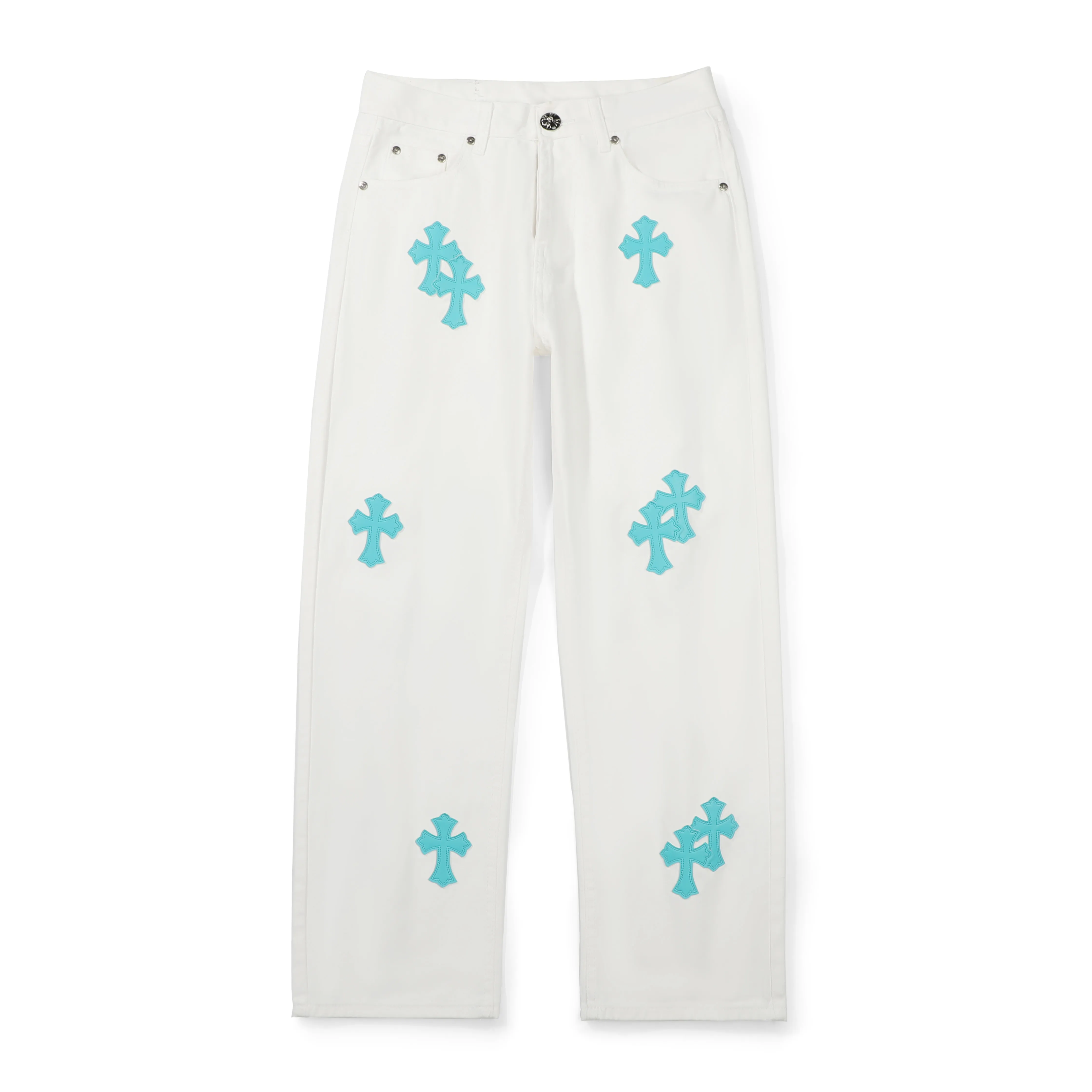 P240 Chrome Hearts Chrome Hearts 2025 New Ice Blue Cross Patch Leather Couple Style Washed Loose Jeans. Styles with different wash textures are very friendly to people with thin legs and thick legs. The straight and loose version is very flattering to the leg shape. The timeless moderate length makes it easy to match casually. It is the basis of various styles and is a must-have in the wardrobe! The fabric is stiff but also makes the upper body soft without losing texture. The washing process is even more perfect. It is a must-have item for everyone! ! ! Size: 28/30/32/34 Waist: 73/78/83/88 Hips: 99/104/109/114 Pants length: 102/104/106/108